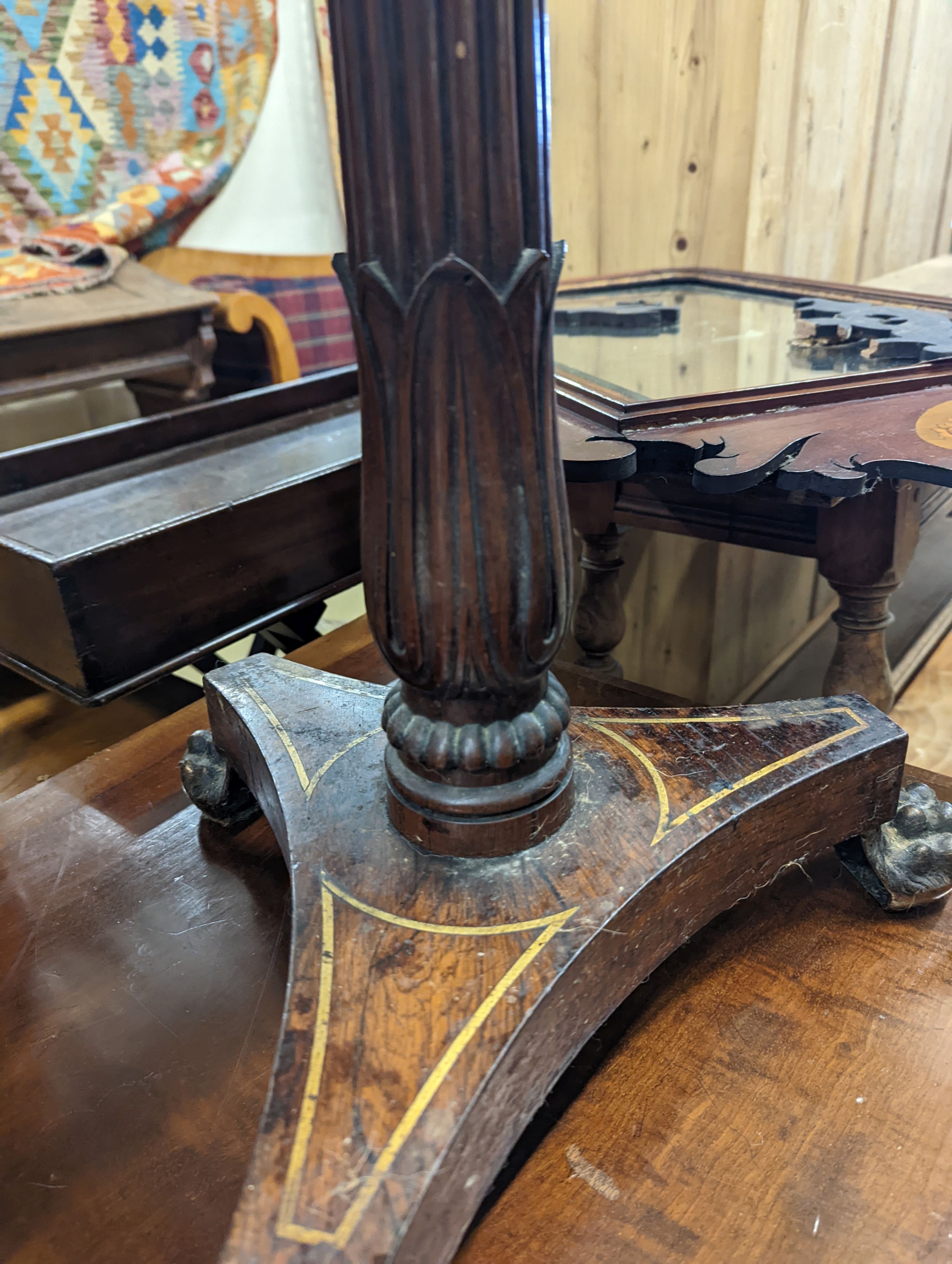 A Regency brass inlaid wine table, width 51cm, depth 40cm, height 75cm